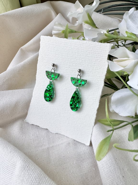 Emerald Green Confetti Acrylic Elegant Drop Earrings