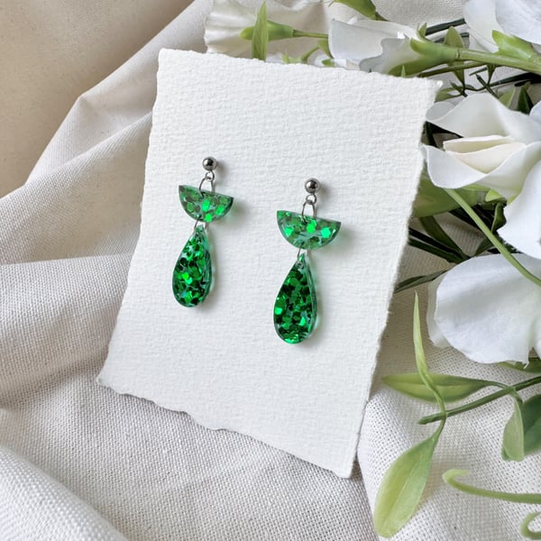 Emerald Green Confetti Acrylic Elegant Drop Earrings