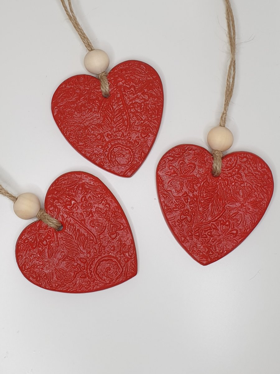 Red heart, clay hanging heart decoration,  Valentines, anniversary gift