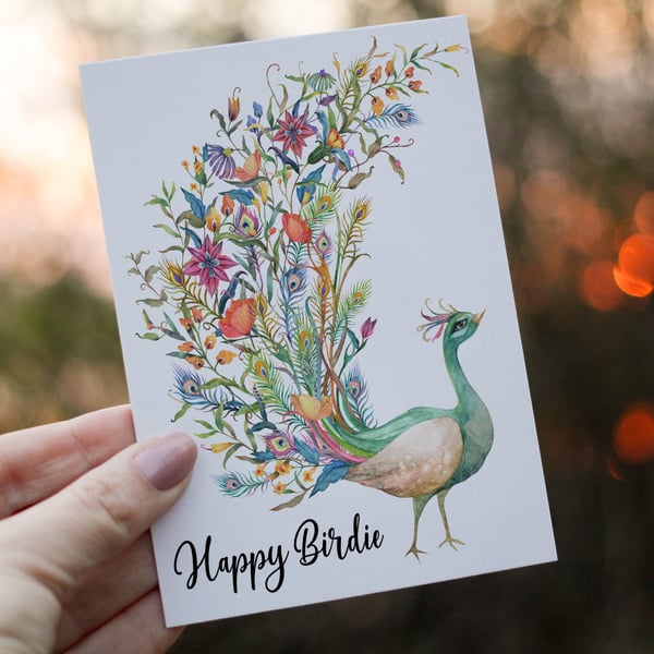 Peacock Birdie Birthday Card, Card for Birthday, Birthday Card, Friend Birthday 