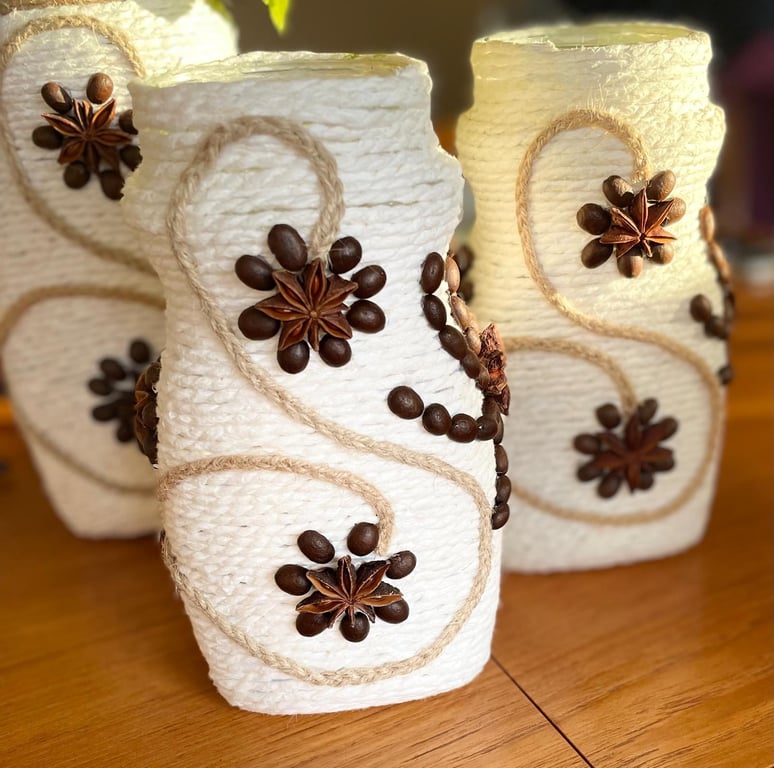  Rustic Twine Vase Handmade with Coffee Beans, Star Anise & Jute Accents