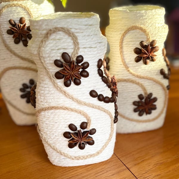  Rustic Twine Vase Handmade with Coffee Beans, Star Anise & Jute Accents