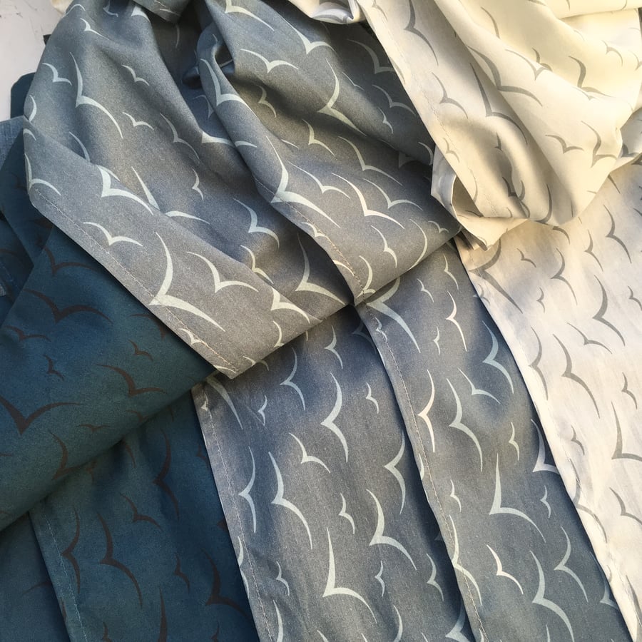 Seagulls print cotton lawn lightweight scarf - dark grey, light grey or blue