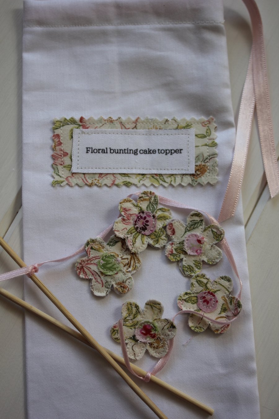 Pastel floral cake topper bunting - handmade from recycled fabrics
