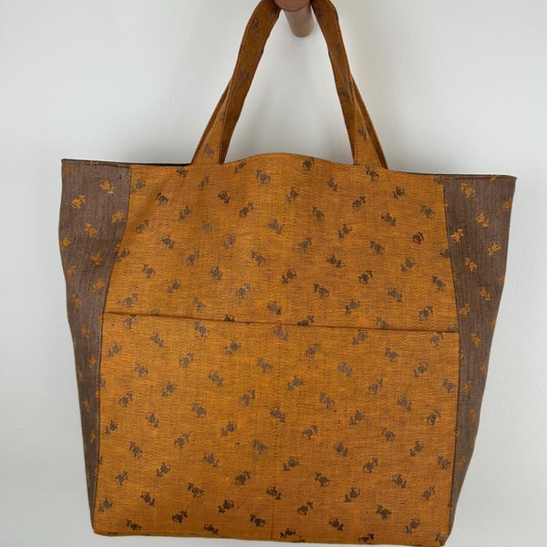 Linen Tote Bag, Burnt Orange Shopper, Austrian Fabric