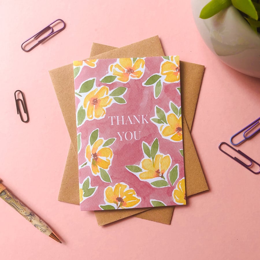 Floral Thank You Card Garden Flowers, Wildflowers Blank A6 Card Hand Painted Wat