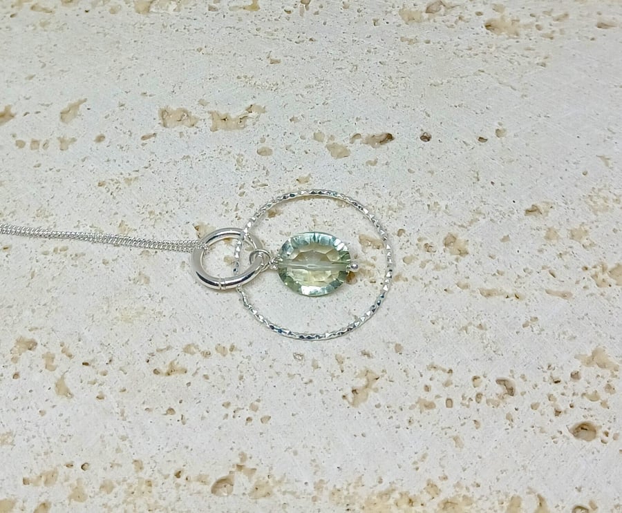 Green Amethyst and Sterling Silver Sparkly Ring Gemstone Necklace, Green Amethys