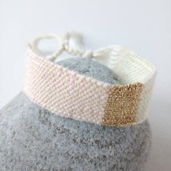 Hand Woven Friendship Bracelet in Pastel Hues with Gold Lurex Band