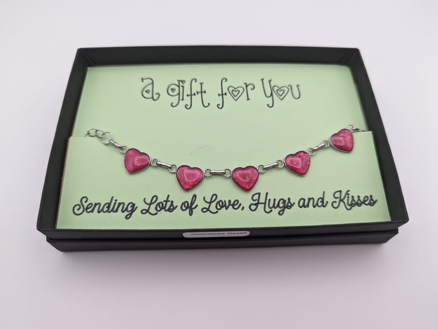 Pink Heart Bracelet Stainless Steel Resin Filled Jewellery Gift