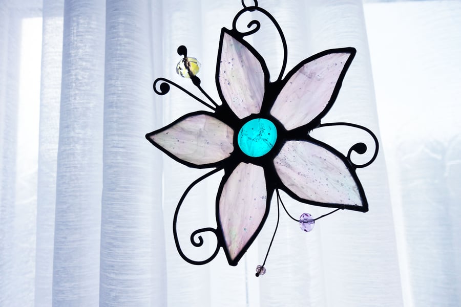 White Lily Flower Copper Wire Detail  - Stained Glass Sun Catcher  