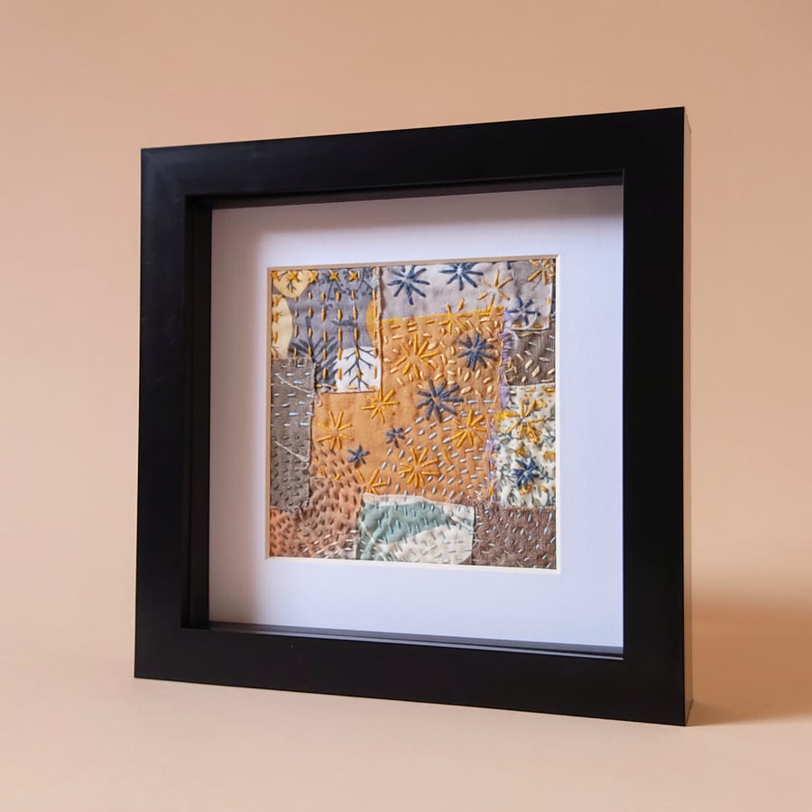 "Starfish on the Foreshore". Hand embroidered original. Framed wall art