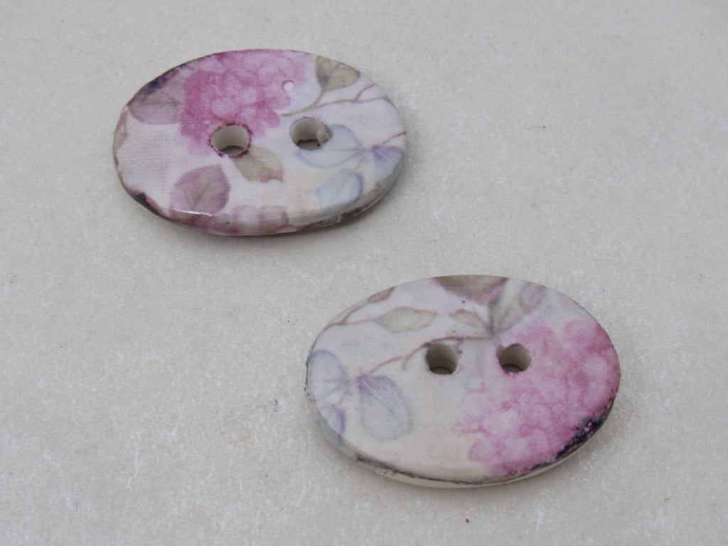 2 Purple Hydrangea Oval Ceramic Buttons