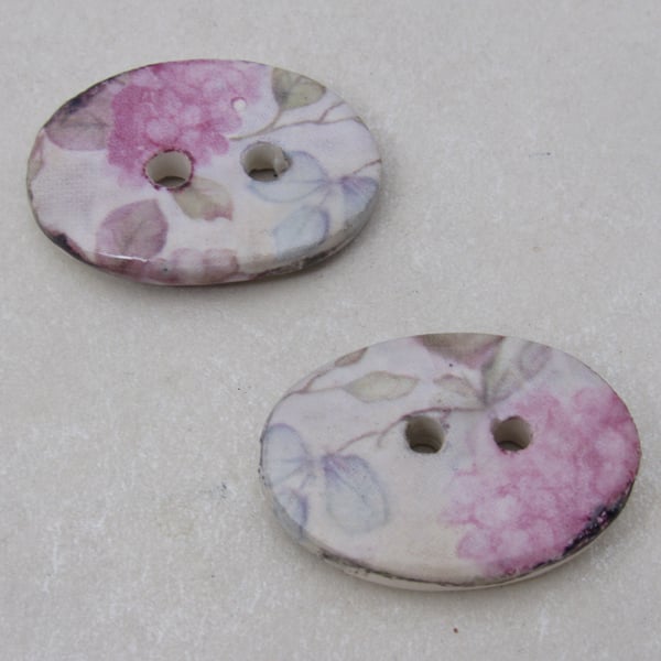 2 Purple Hydrangea Oval Ceramic Buttons