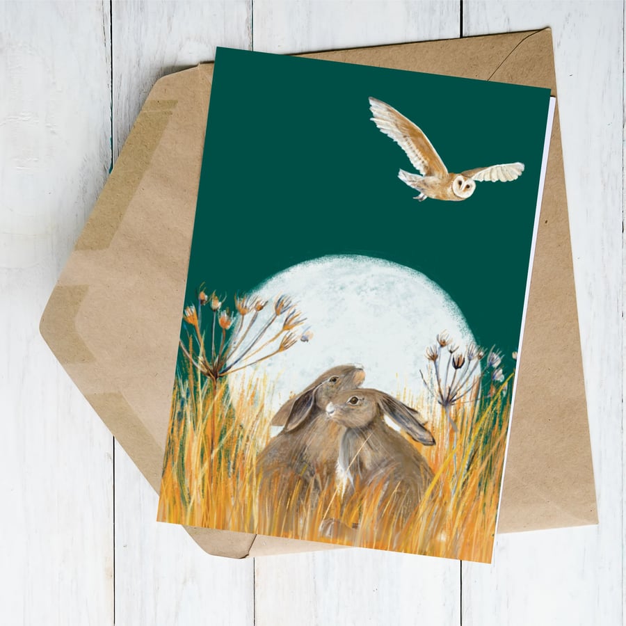 Blank card all occasions hare owl wildlife 