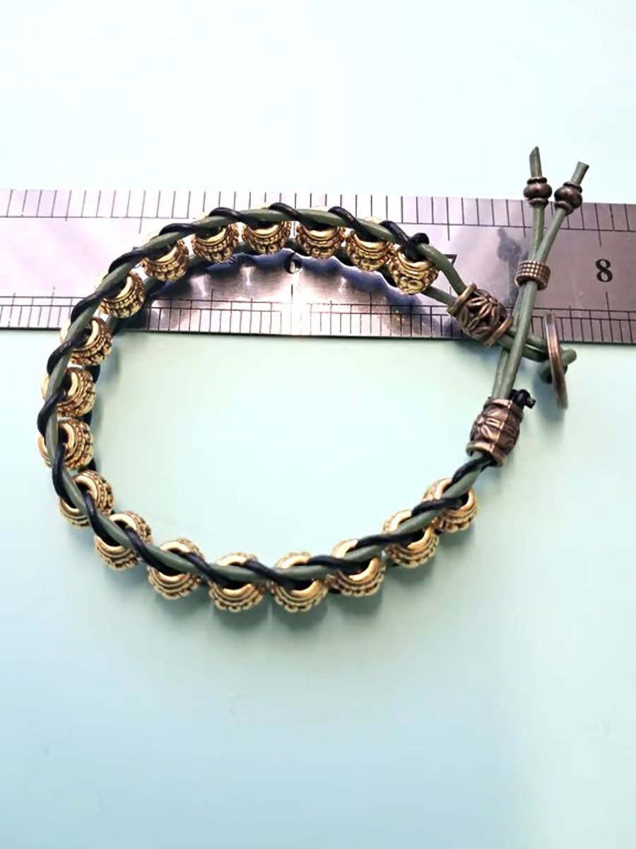 Leather Forrest Green and Antique gold Spacers bracelet 