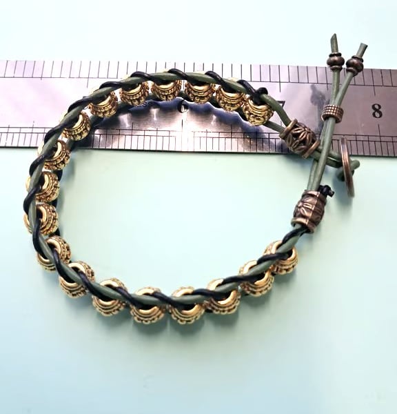 Leather Forrest Green and Antique gold Spacers bracelet 