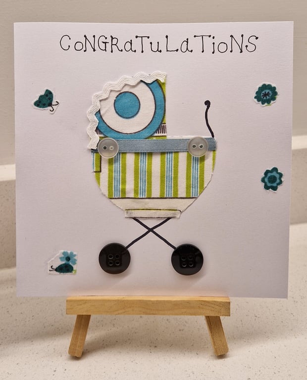 New Baby boy pram card handmade blue green fabric hand drawn 