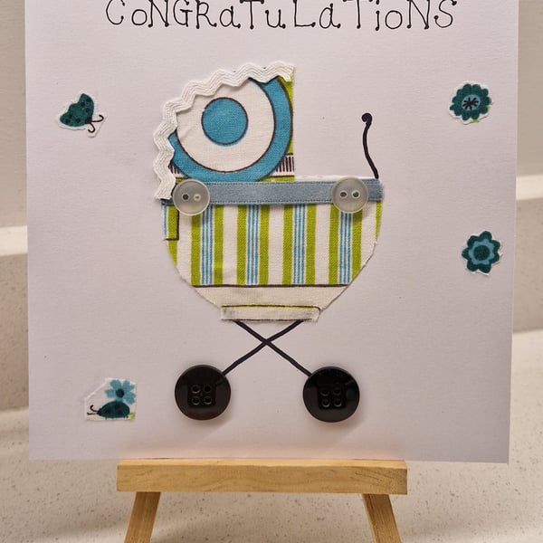 New Baby boy pram card handmade blue green fabric hand drawn 