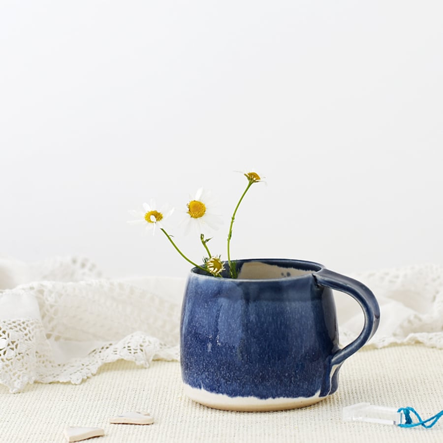Handmade ceramic hygge mug in blue and white - stoneware pottery