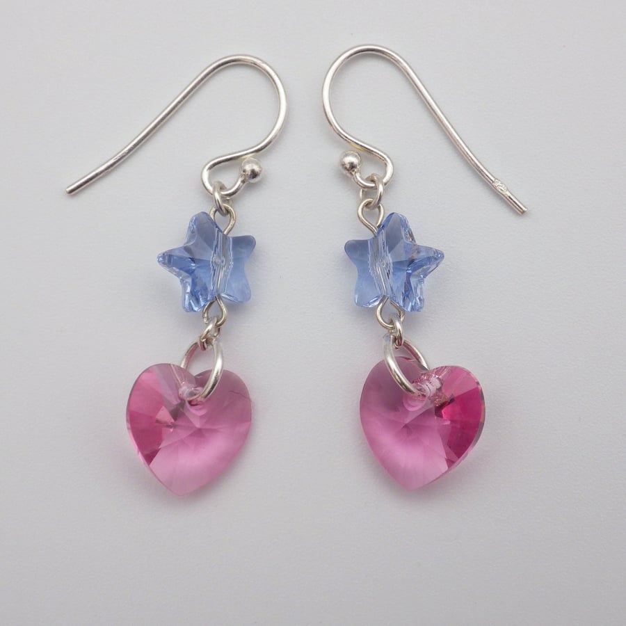 Pretty rose pink Swarovski heart earrings with blue Swarovski stars