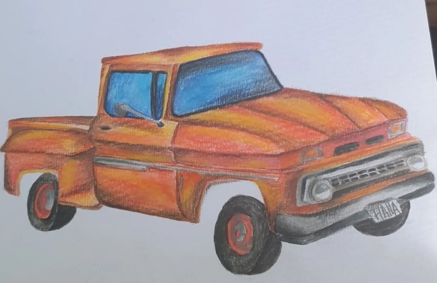 Bella Swan's (Twilight) Red Truck in Watercolour Paints and Colouring Pencils
