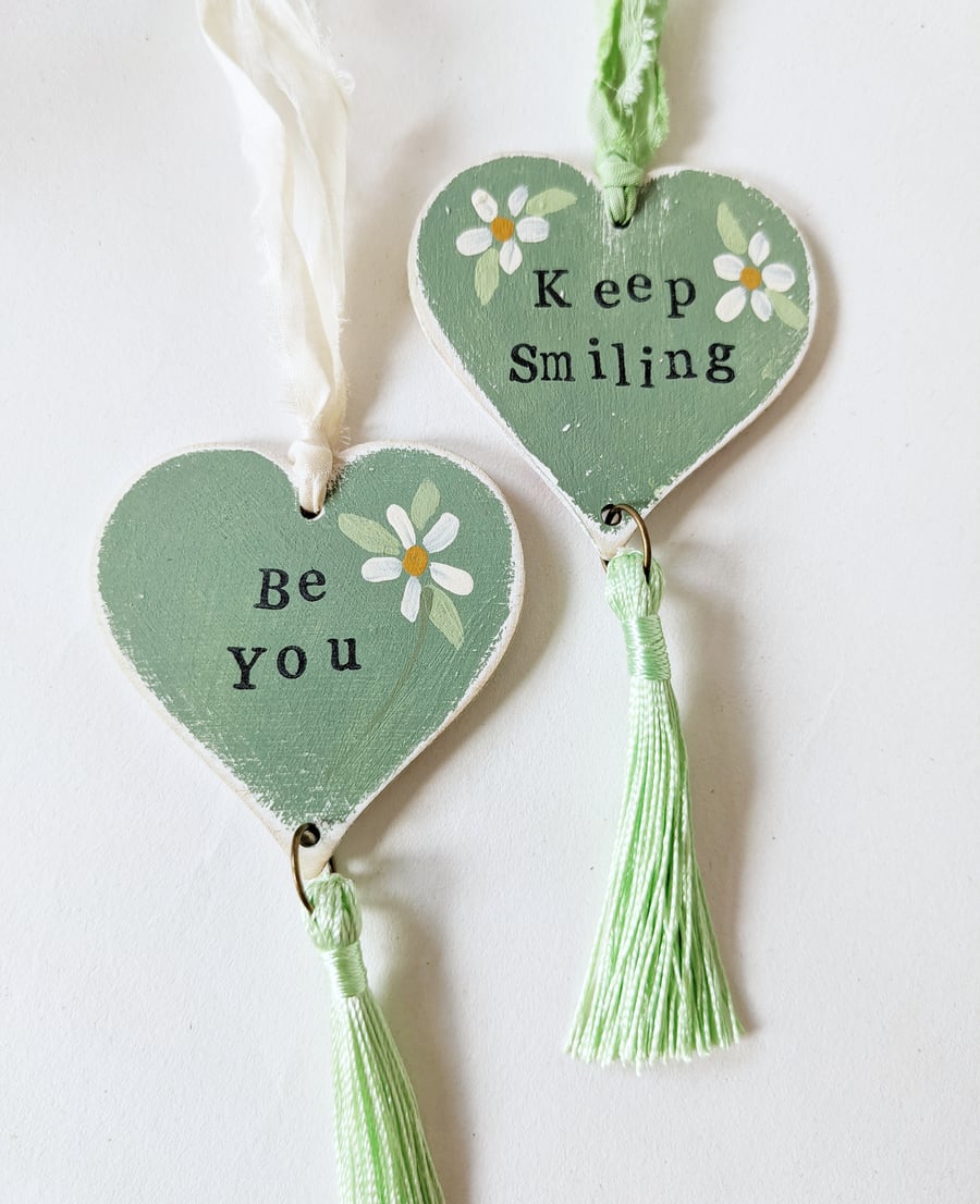 Hand Painted Wooden Heart Hanging Decoration Green