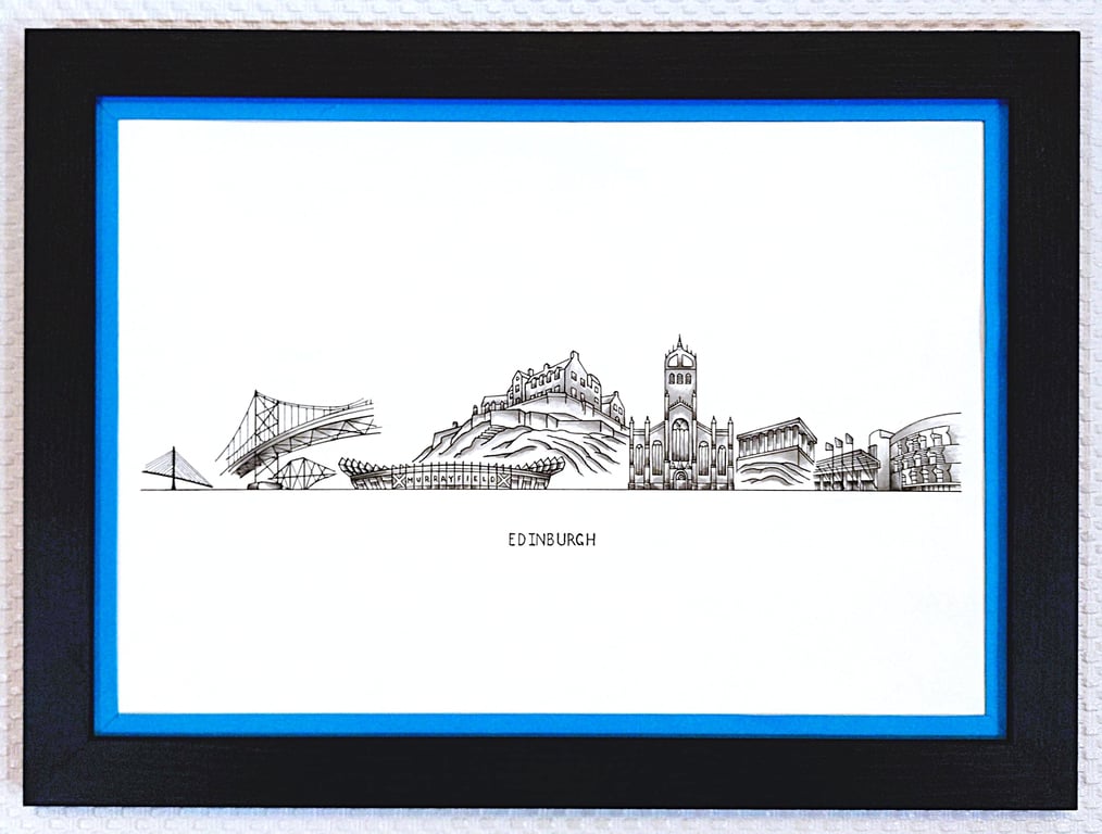 Edinburgh Cityscape Handmade Unique Framed A3Print Dark Blue Border Wallart Gift