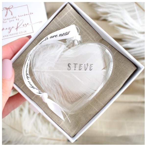 White Real Personalised Feather Gift Boxed Heart Bauble Personalized Glass Hangi