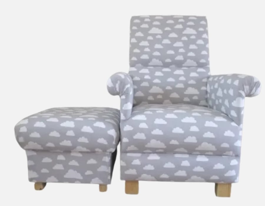 Grey White Clouds Armchair & Footstool Adult Chair Pouffe Nursery Accent Small