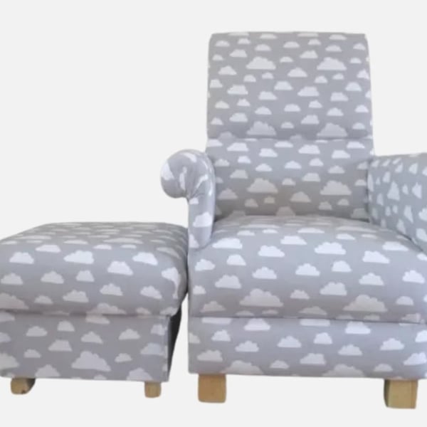 Grey White Clouds Armchair & Footstool Adult Chair Pouffe Nursery Accent Small