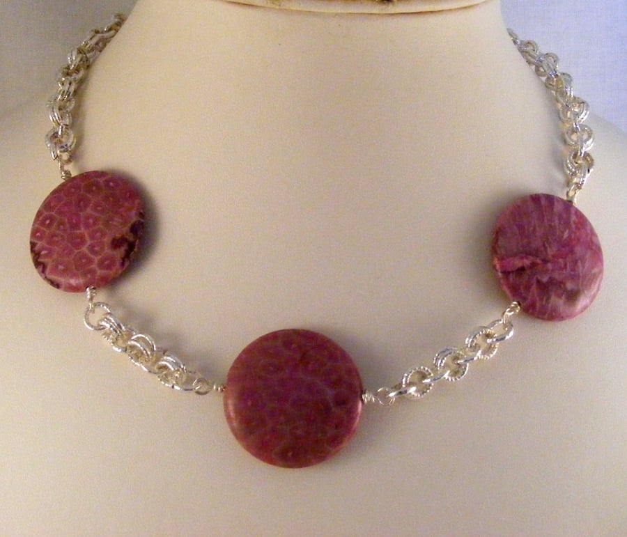 Pink Fossil Jasper Gemstone Necklace.