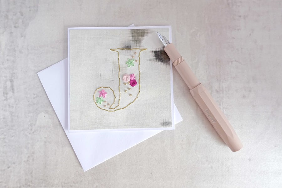 SALE Hand Stitched Alphabet Card, Initial J Card, Embroidered Letter Card