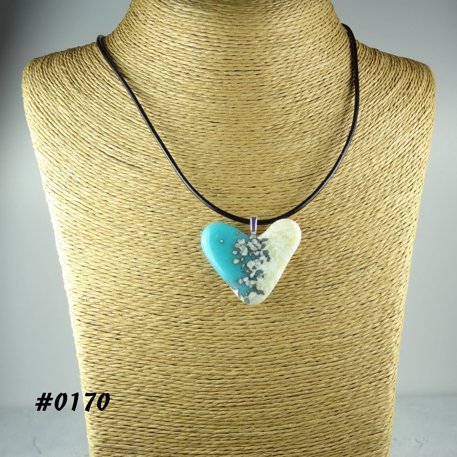 Turquoise cream handcrafted fused glass heart pendant, black leather cord (0170)