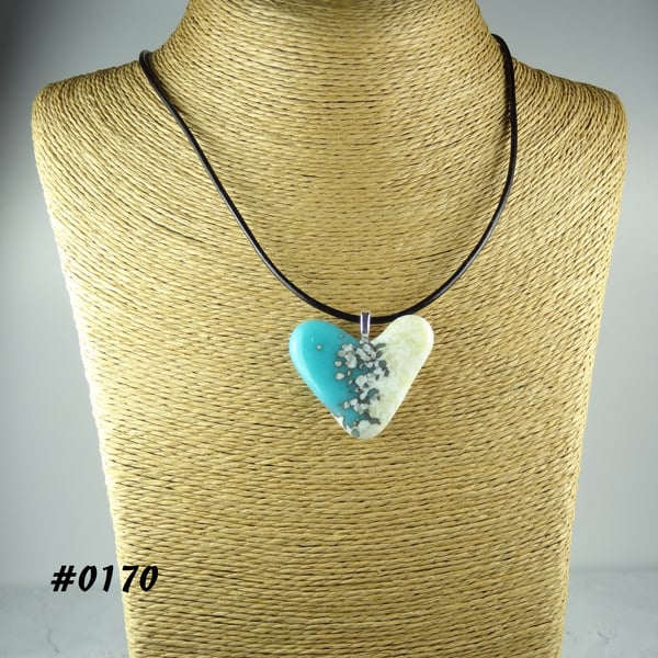 Turquoise cream handcrafted fused glass heart pendant, black leather cord (0170)