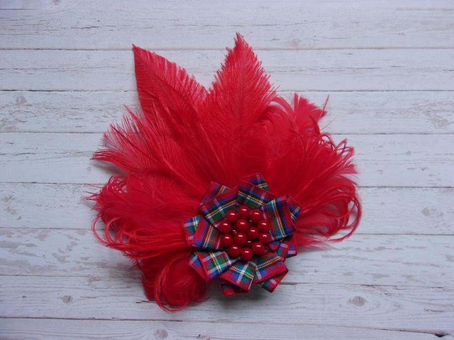 Bright Red Feather Royal Stewart Tartan Brooch Corsage Pin