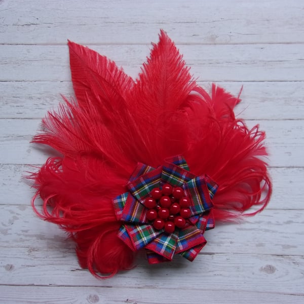 Bright Red Feather Royal Stewart Tartan Brooch Corsage Pin