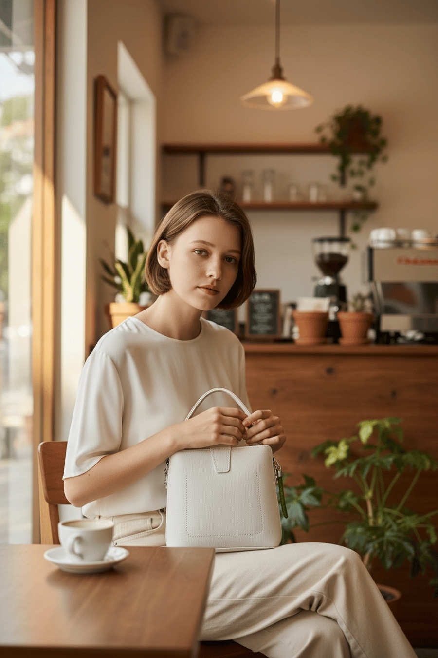 NoMoo Trapeze small faux leather hand bag, hand stitched