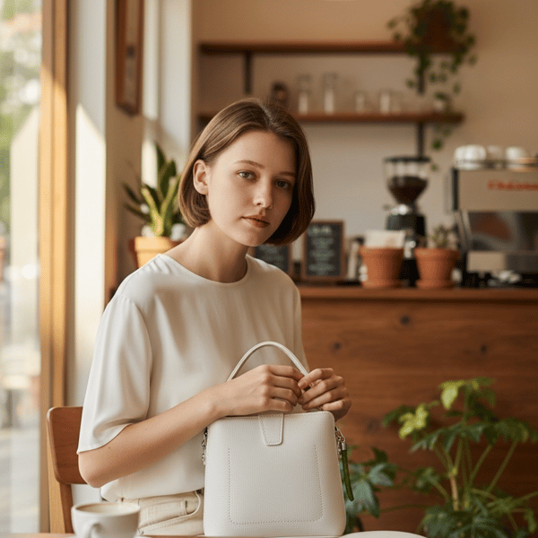 NoMoo Trapeze small faux leather hand bag, hand stitched