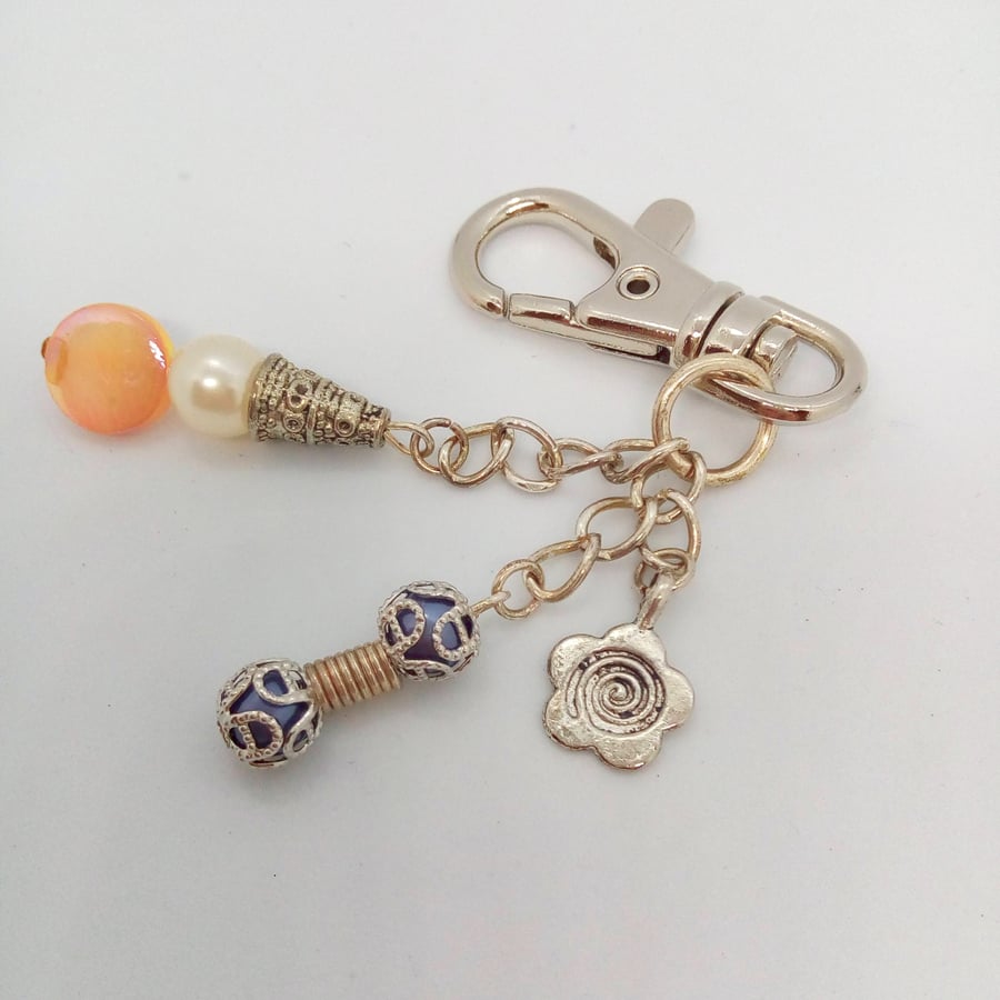 Silver Handbag Charm with Blue Pearls and a Flower Charm, Gift for Her