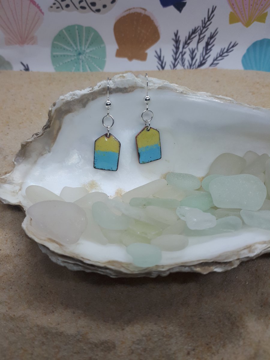 Seconds Sunday Yellow and pale blue reversible beach hut earrings 