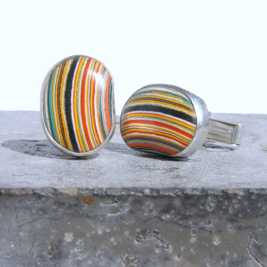 Retro silver and fordite cufflinks
