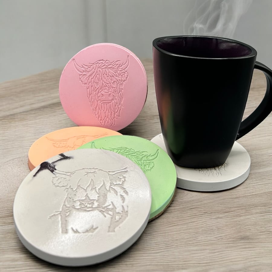 Highland Cow Drinks Coaster - Choose from 2 designs and various colours