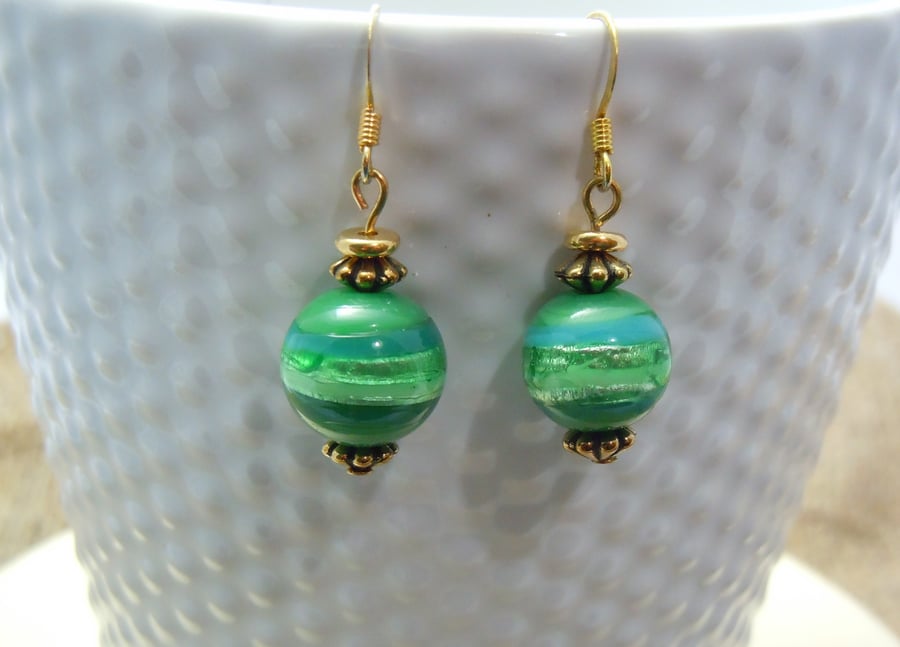 Artisan glass foil green bead earrings