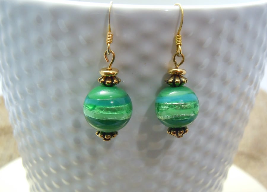 Artisan lampwork glass foil green bead earrings