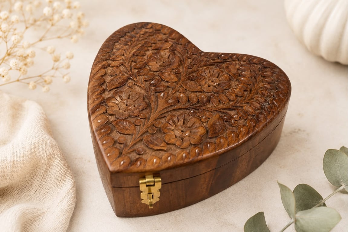 Hand Carved Heart Shaped Wooden Jewellery Box – Decorative Keepsake Storage 