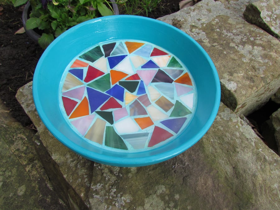 Mosaic Birdbath with Abstract Stained Glass Design - 9 Inches Round - Garden Art