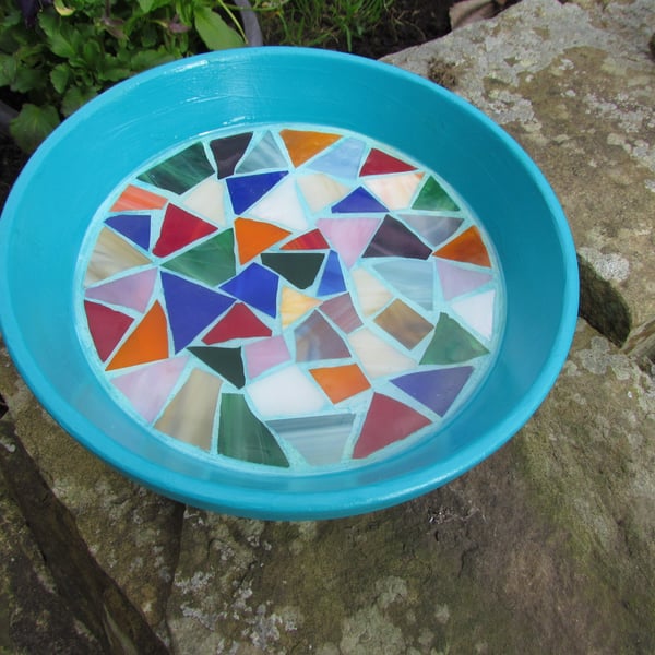 Mosaic Birdbath with Abstract Stained Glass Design - 9 Inches Round - Garden Art
