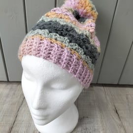 Hand crochet pompom bobble  chunky hat with reflective yarn