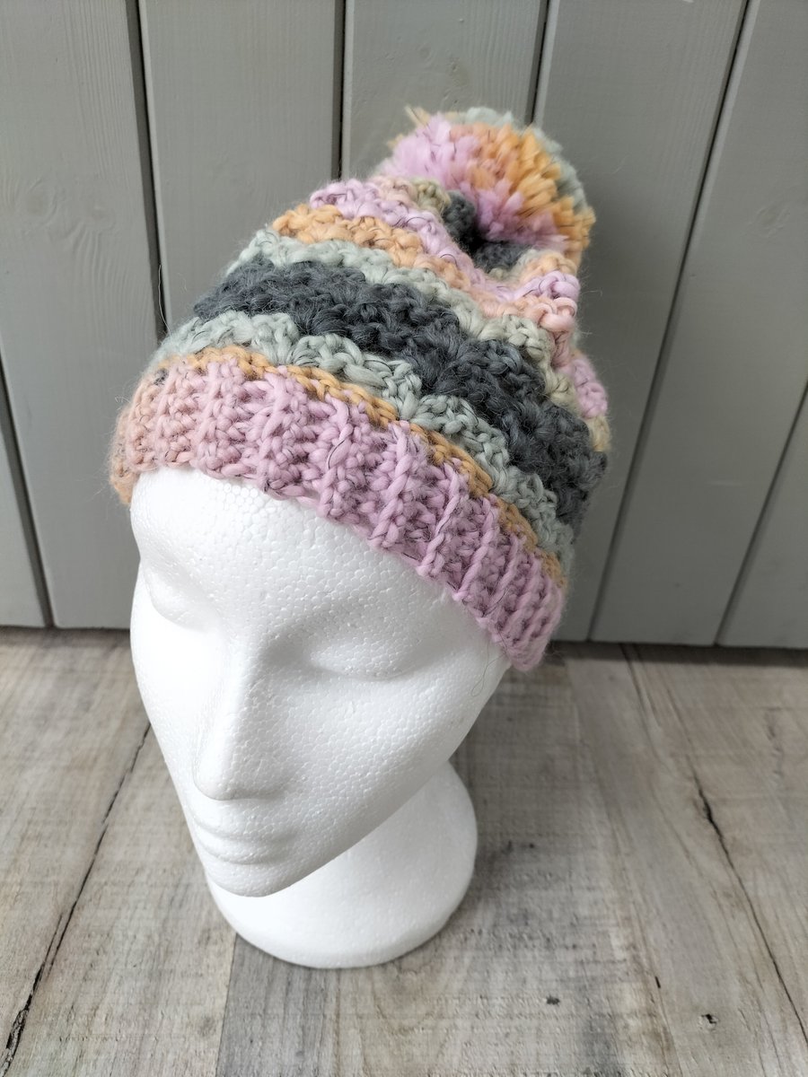 Hand crochet pompom bobble  chunky hat with reflective yarn