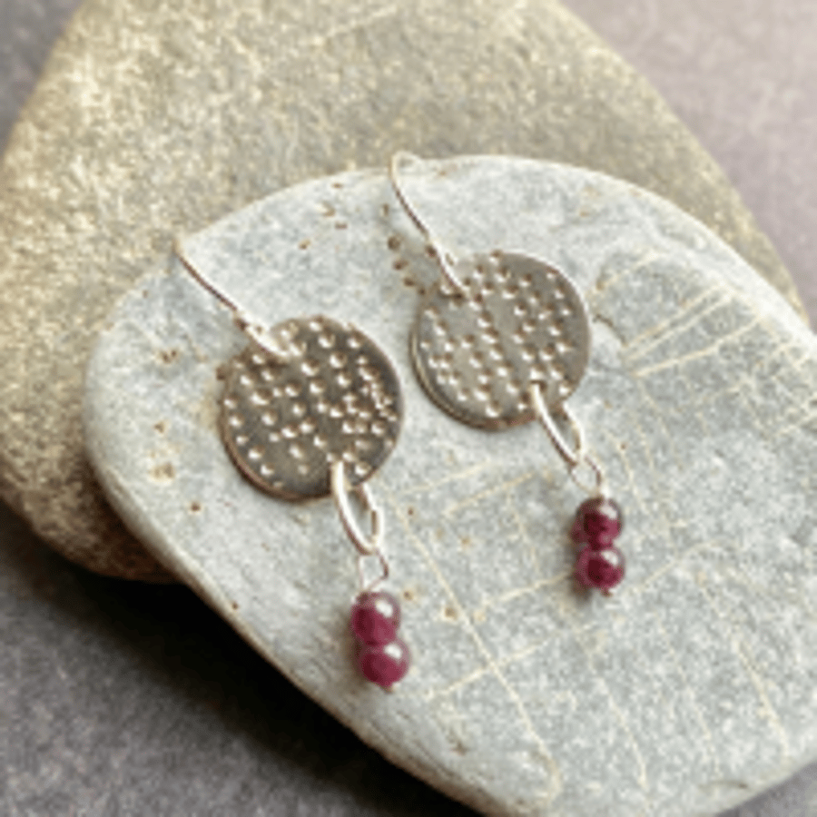 Rich Purple Garnet & Sterling Silver Textured Earrings